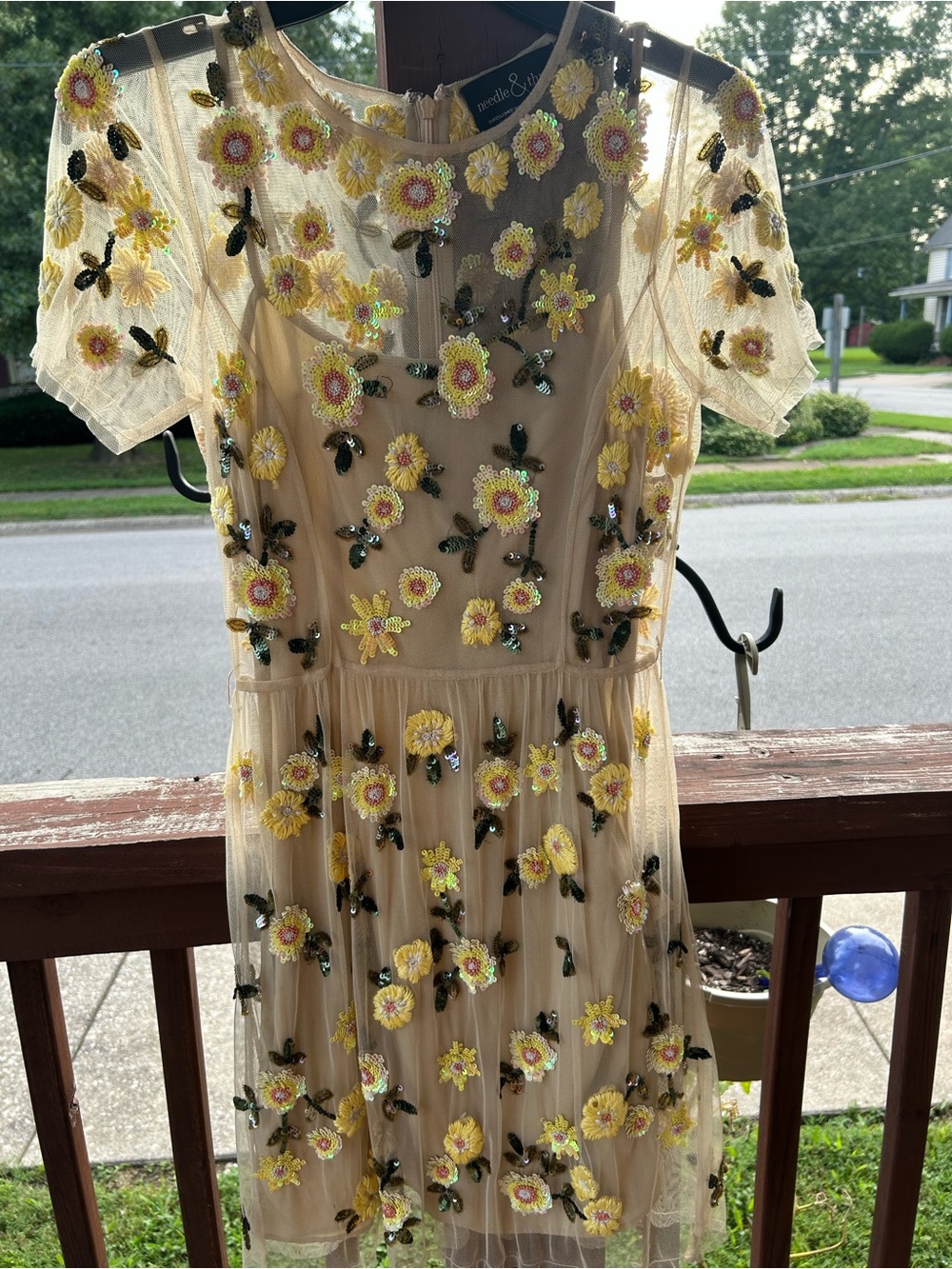 Needle & Thread Beige Yellow Floral Embroidered Sequin Mesh MIDI  Dress